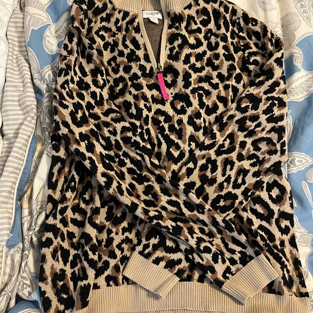 J. Crew Tan and Black V-Neck Sweater with Leopard Print